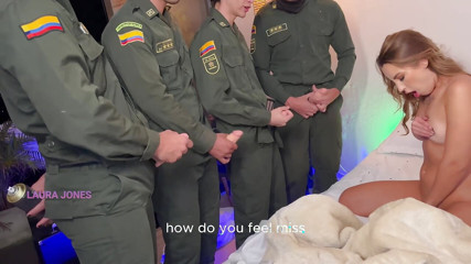 Police group enters Laura Jones' house and ends up deepthroating GANG BANG cocks.