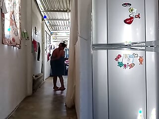 After showering I wait for the horny neighbor who I want to fuck and suck behind his wife's back.